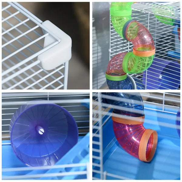 PawHut 2-Tier Hamster Cage Gerbil House with Portable Carry Handles, Anti-Pinning, Plastic Tray, Water Bottle, Food Dishes, Blue - product image 8