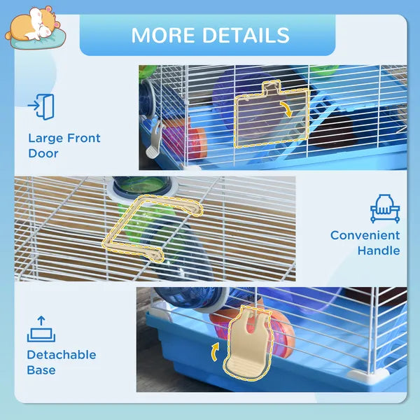 PawHut 2-Tier Hamster Cage Gerbil House with Portable Carry Handles, Anti-Pinning, Plastic Tray, Water Bottle, Food Dishes, Blue - product image 6