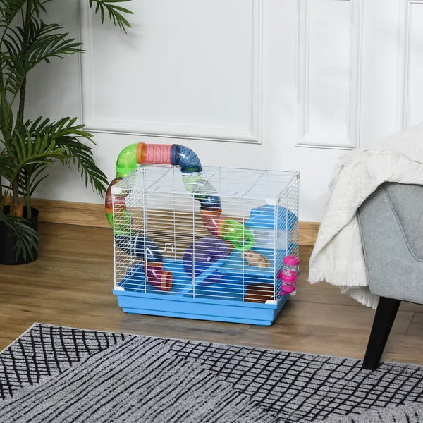 PawHut 2-Tier Hamster Cage Gerbil House with Portable Carry Handles, Anti-Pinning, Plastic Tray, Water Bottle, Food Dishes, Blue - product image 10