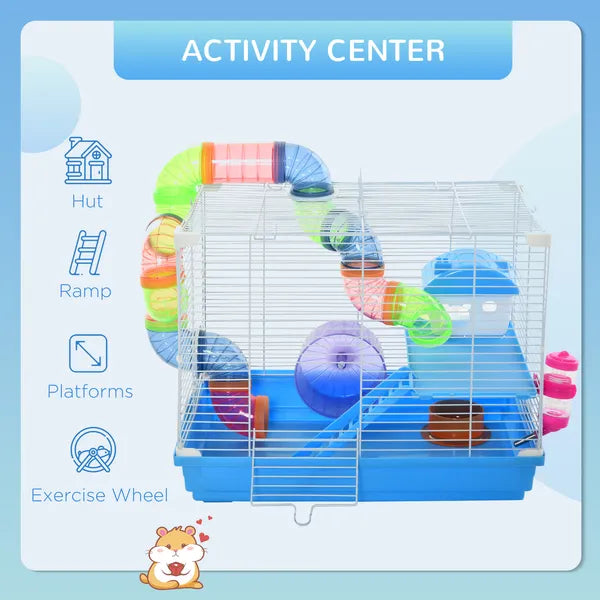 PawHut 2-Tier Hamster Cage Gerbil House with Portable Carry Handles, Anti-Pinning, Plastic Tray, Water Bottle, Food Dishes, Blue - product image 4