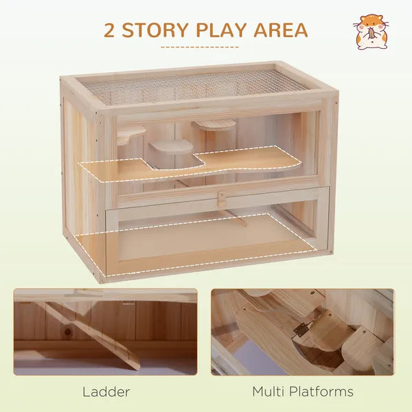 2-Tier Hamster Habitat Openable Top Front Door Shelf Ladder Stable Fir Wood Frame Nature Wood - product image 4