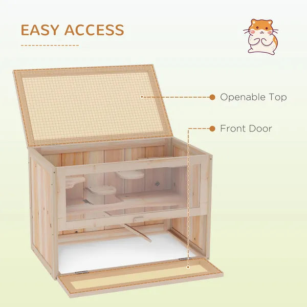 2-Tier Hamster Habitat Openable Top Front Door Shelf Ladder Stable Fir Wood Frame Nature Wood - product image 5