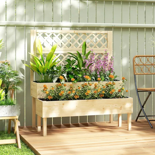 Outsunny 2-Tier Raised Garden Bed with Trellis, Elevated Planter Box for Climbing Plants, Natural - product image 2