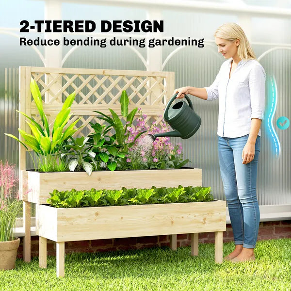 Outsunny 2-Tier Raised Garden Bed with Trellis, Elevated Planter Box for Climbing Plants, Natural - product image 5