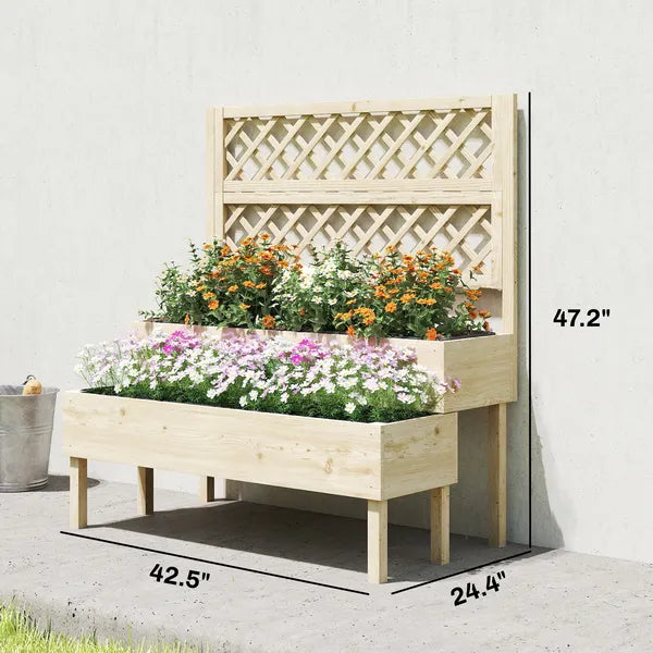 Outsunny 2-Tier Raised Garden Bed with Trellis, Elevated Planter Box for Climbing Plants, Natural - product image 3