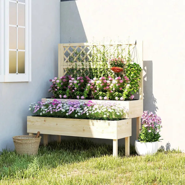 Outsunny 2-Tier Raised Garden Bed with Trellis, Elevated Planter Box for Climbing Plants, Natural - product image 10