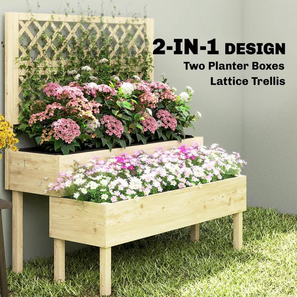 Outsunny 2-Tier Raised Garden Bed with Trellis, Elevated Planter Box for Climbing Plants, Natural - product image 4
