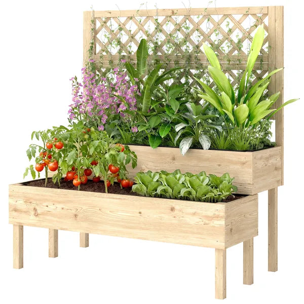 Outsunny 2-Tier Raised Garden Bed with Trellis, Elevated Planter Box for Climbing Plants, Natural - product image 1