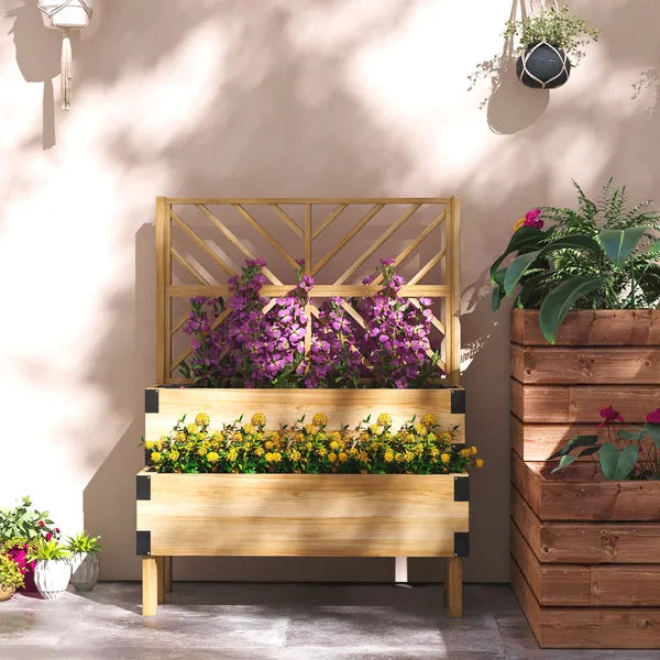 Outsunny 2 Tier Raised Garden Bed with Trellis, Wooden Elevated Planter Box with Legs and Metal Corners, for Vegetables, Flowers, Herbs, Natural - product image 2