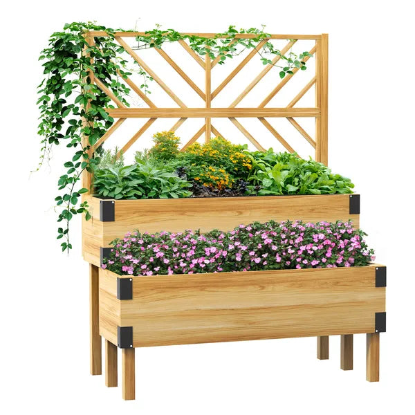 Outsunny 2 Tier Raised Garden Bed with Trellis, Wooden Elevated Planter Box with Legs and Metal Corners, for Vegetables, Flowers, Herbs, Natural - product image 1
