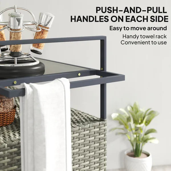 Outsunny 2-Tier Shelf PE Rattan Outdoor Bar Table, Glass Top Outdoor Serving Cart with Cabinet, Mixed Gray - product image 7
