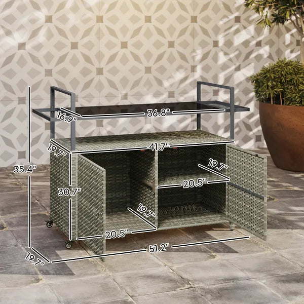 Outsunny 2-Tier Shelf PE Rattan Outdoor Bar Table, Glass Top Outdoor Serving Cart with Cabinet, Mixed Gray - product image 3