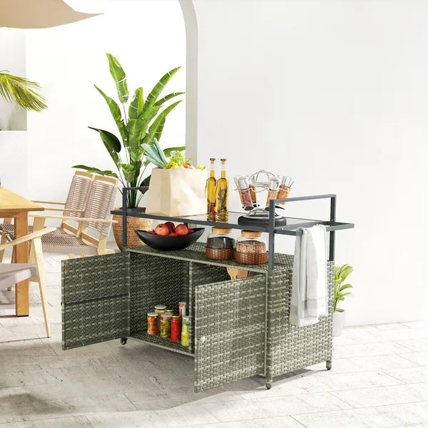 Outsunny 2-Tier Shelf PE Rattan Outdoor Bar Table, Glass Top Outdoor Serving Cart with Cabinet, Mixed Gray - product image 10