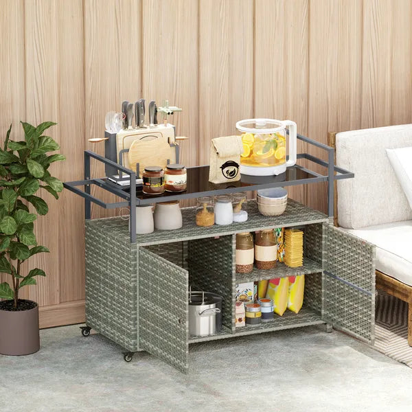 Outsunny 2-Tier Shelf PE Rattan Outdoor Bar Table, Glass Top Outdoor Serving Cart with Cabinet, Mixed Gray - product image 9