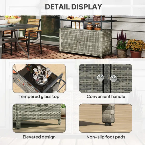Outsunny 2-Tier Shelf PE Rattan Outdoor Bar Table, Glass Top Outdoor Serving Cart with Cabinet, Mixed Gray - product image 8