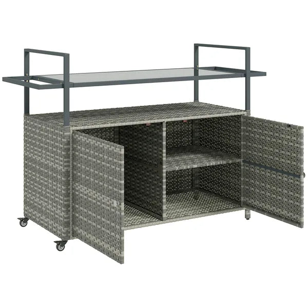 Outsunny 2-Tier Shelf PE Rattan Outdoor Bar Table, Glass Top Outdoor Serving Cart with Cabinet, Mixed Gray - product image 12