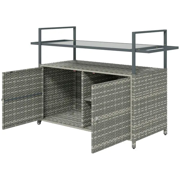 Outsunny 2-Tier Shelf PE Rattan Outdoor Bar Table, Glass Top Outdoor Serving Cart with Cabinet, Mixed Gray - product image 1