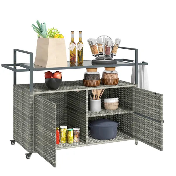Outsunny 2-Tier Shelf PE Rattan Outdoor Bar Table, Glass Top Outdoor Serving Cart with Cabinet, Mixed Gray - product image 11