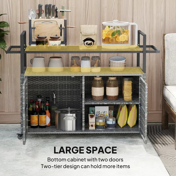 Outsunny 2-Tier Shelf PE Rattan Outdoor Bar Table, Glass Top Outdoor Serving Cart with Cabinet, Mixed Gray - product image 6