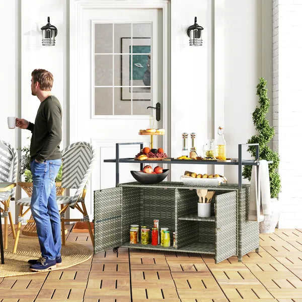 Outsunny 2-Tier Shelf PE Rattan Outdoor Bar Table, Glass Top Outdoor Serving Cart with Cabinet, Mixed Gray - product image 2