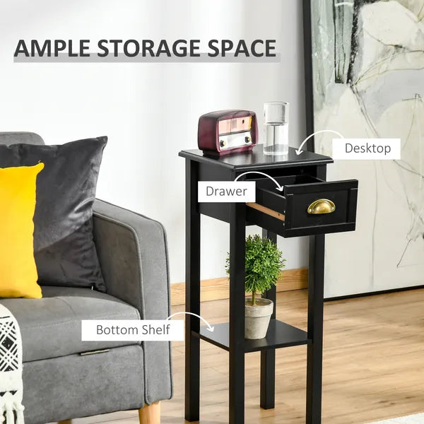HOMCOM 2-Tier Side Table with Drawer, Narrow End Table for Space Saving, Slim Nightstand with Shelf Metal Knob for Living Room Hallway, Black - product image 4
