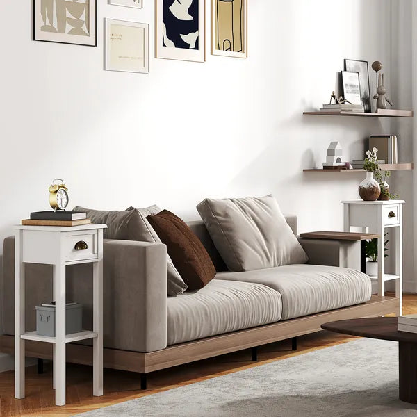 2-Tier Side Tables Set of 2 with Drawer and Shelf, 2 Pieces End Tables for Living Room and Hallway, White - product image 2