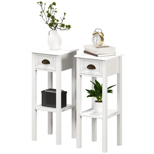 2-Tier Side Tables Set of 2 with Drawer and Shelf, 2 Pieces End Tables for Living Room and Hallway, White - product image 1
