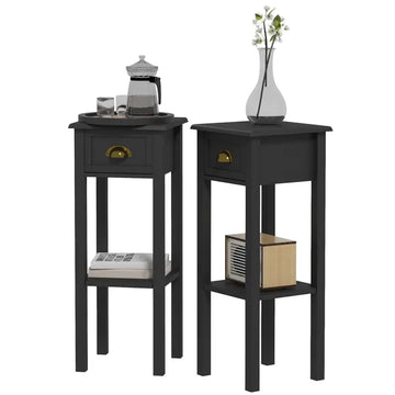 2-Tier Side Tables Set of 2 with Drawer Shelf, 2 Pieces End Tables for Living Room Hallway, Black - product image 1