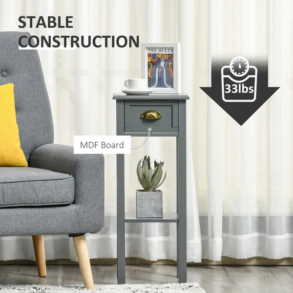 HOMCOM 2-Tier Tall Side Table, Night Stand Narrow Accent Table with Drawer and Bottom Shelf for Space Saving, for Living Room or Bedroom, Gray - product image 5