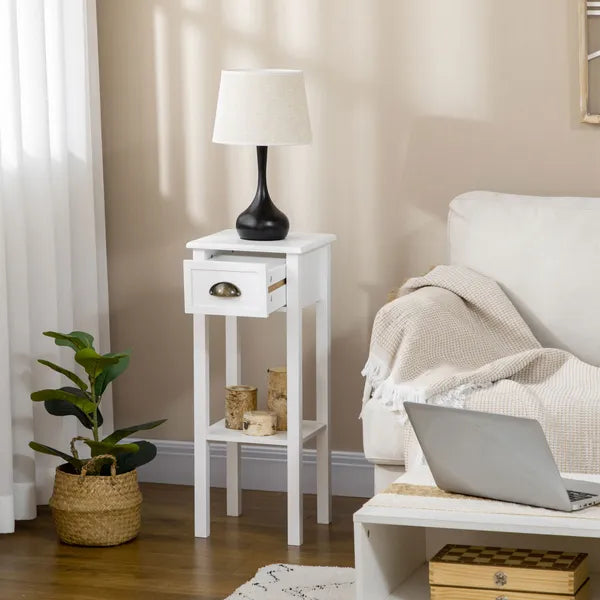 HOMCOM 2-Tier Tall Side Table with Drawer, Narrow End Table for Space Saving, Slim Nightstand with Shelf Metal Knob for Living Room Hallway, White - product image 7