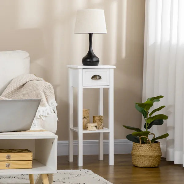 HOMCOM 2-Tier Tall Side Table with Drawer, Narrow End Table for Space Saving, Slim Nightstand with Shelf Metal Knob for Living Room Hallway, White - product image 2