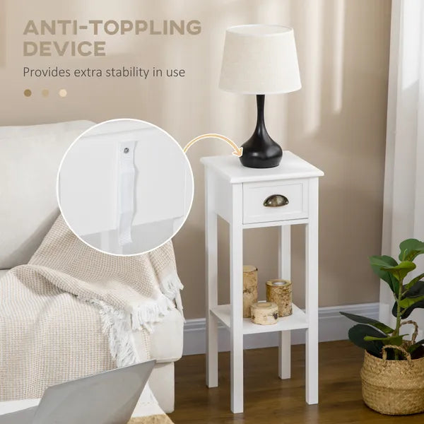 HOMCOM 2-Tier Tall Side Table with Drawer, Narrow End Table for Space Saving, Slim Nightstand with Shelf Metal Knob for Living Room Hallway, White - product image 5