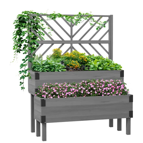Outsunny 2-Tier Wooden Garden Box, with Legs and Metal Corners, Drainage Holes, Solid Wood for Vegetables, Flowers, Herbs, Gray - product image 1