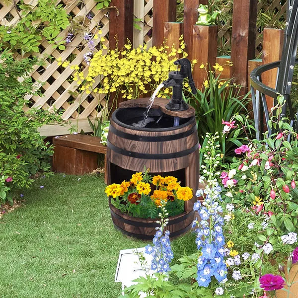 2-Tier Wooden Water Pump Fountain with Flower Box Base Durable Design for Garden Decor - product image 2