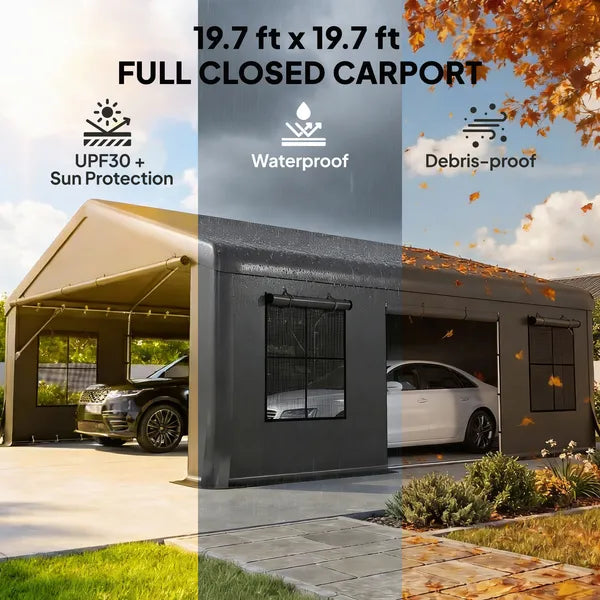 Outsunny 20' x 20' Heavy-Duty Carport, Portable Garage Car Canopy Tent Shelter with 3 Roll-up Doors, 4 Windows, Dark Gray - product image 4