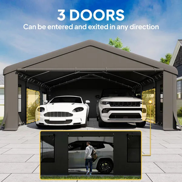 Outsunny 20' x 20' Heavy-Duty Carport, Portable Garage Car Canopy Tent Shelter with 3 Roll-up Doors, 4 Windows, Dark Gray - product image 6