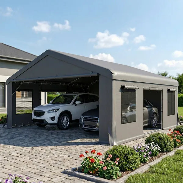 Outsunny 20' x 20' Heavy-Duty Carport, Portable Garage Car Canopy Tent Shelter with 3 Roll-up Doors, 4 Windows, Dark Gray - product image 10