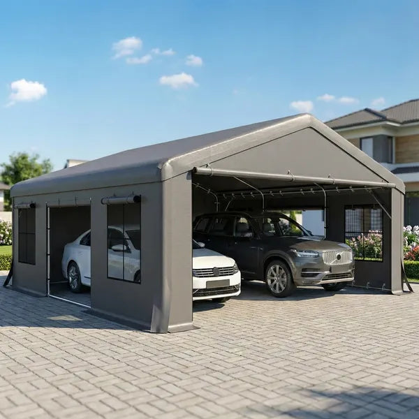 Outsunny 20' x 20' Heavy-Duty Carport, Portable Garage Car Canopy Tent Shelter with 3 Roll-up Doors, 4 Windows, Dark Gray - product image 2