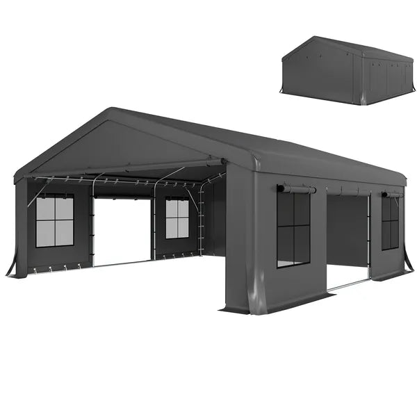 Outsunny 20' x 20' Heavy-Duty Carport, Portable Garage Car Canopy Tent Shelter with 3 Roll-up Doors, 4 Windows, Dark Gray - product image 1