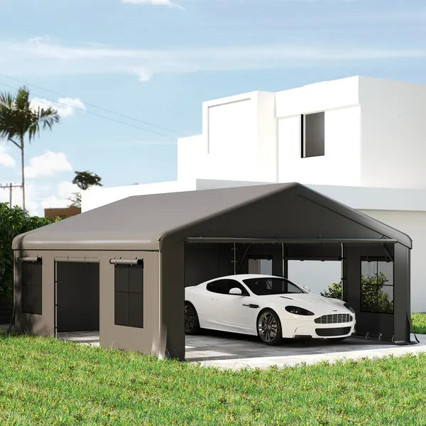 Outsunny 20' x 20' Heavy-Duty Carport, Portable Garage Car Canopy Tent Shelter with 3 Roll-up Doors, 4 Windows, Dark Gray - product image 9