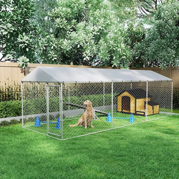 PawHut 20 ft x 7.5 ft x 6.5 ft Dog Kennel Outdoor for Small Medium Large Dogs with Waterproof Roof, Silver - product image 10