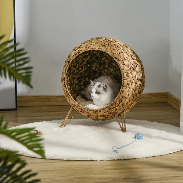 20.5 Weaved Cat Bed Elevated Hand Made Cat House Condo with Cushion Brown - product image 10