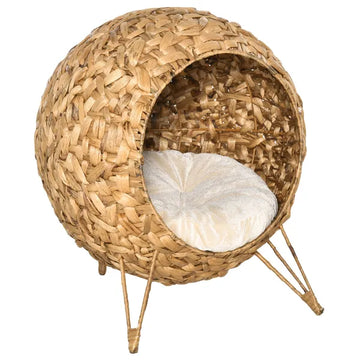20.5 Weaved Cat Bed Elevated Hand Made Cat House Condo with Cushion Brown - product image 1
