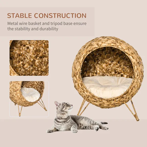20.5 Weaved Cat Bed Elevated Hand Made Cat House Condo with Cushion Brown - product image 4