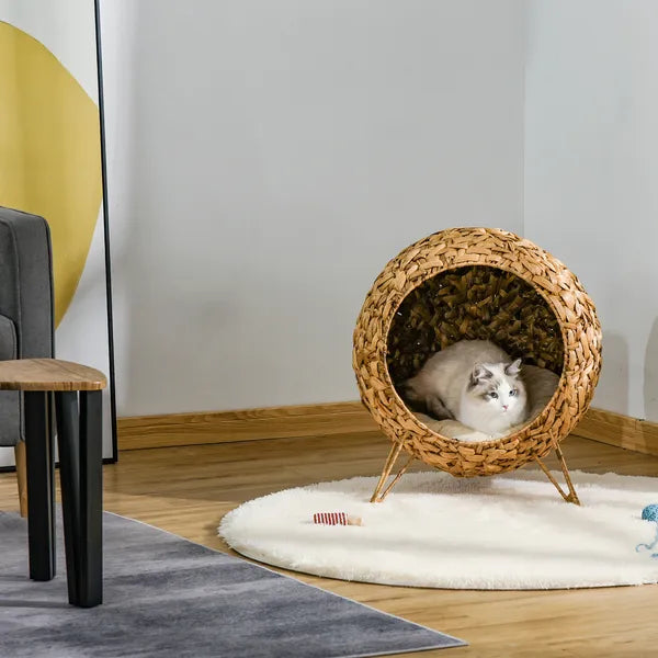20.5 Weaved Cat Bed Elevated Hand Made Cat House Condo with Cushion Brown - product image 7
