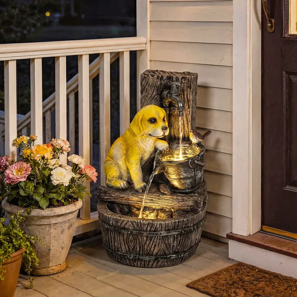 Outsunny 22 Inch Outdoor Fountain with 3-Tier Puppy Theme, Resin Garden Fountain with LED Lights, Adjustable Flow, Rustic Brown - product image 9