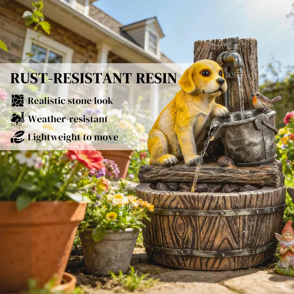 Outsunny 22 Inch Outdoor Fountain with 3-Tier Puppy Theme, Resin Garden Fountain with LED Lights, Adjustable Flow, Rustic Brown - product image 7