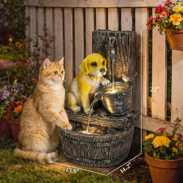 Outsunny 22 Inch Outdoor Fountain with 3-Tier Puppy Theme, Resin Garden Fountain with LED Lights, Adjustable Flow, Rustic Brown - product image 3
