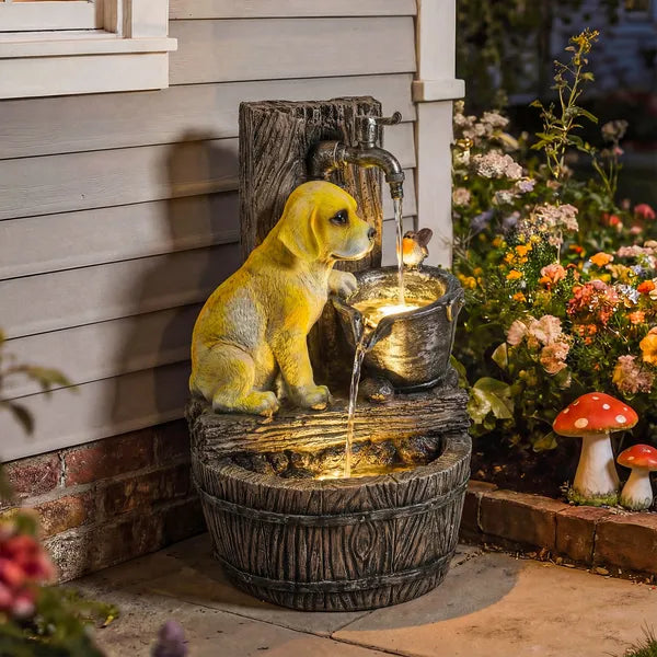 Outsunny 22 Inch Outdoor Fountain with 3-Tier Puppy Theme, Resin Garden Fountain with LED Lights, Adjustable Flow, Rustic Brown - product image 10