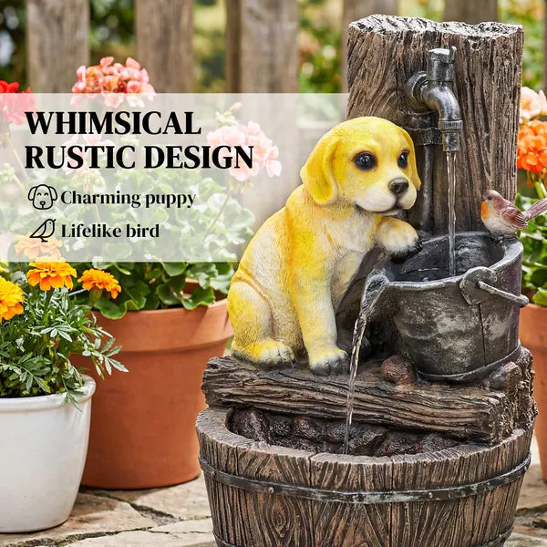 Outsunny 22 Inch Outdoor Fountain with 3-Tier Puppy Theme, Resin Garden Fountain with LED Lights, Adjustable Flow, Rustic Brown - product image 4